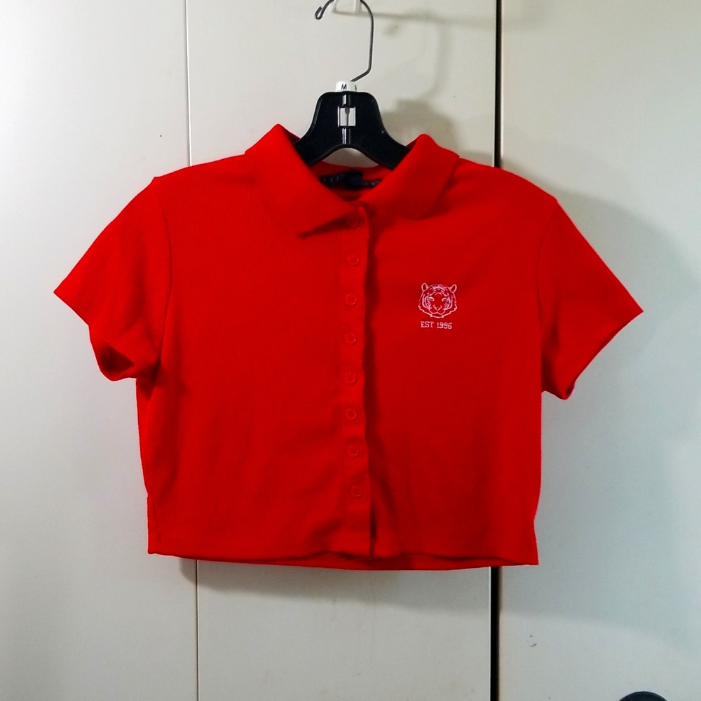 Faded Rose Red Cropped Polo Shirt w/Tiger Embroidery